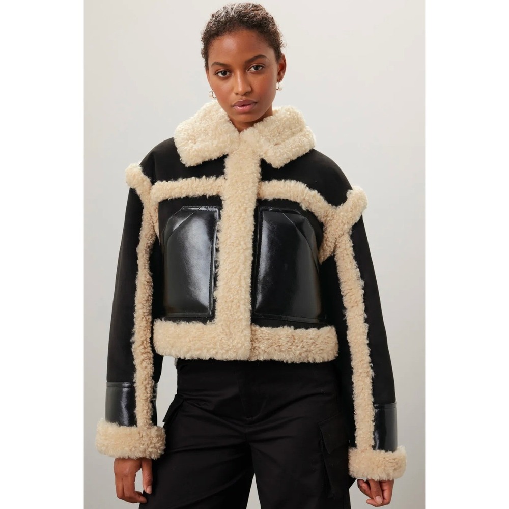 STAND STUDIO Edith Jacket Black Faux Leather Shearling Trim Aviator Sz 38 / 6